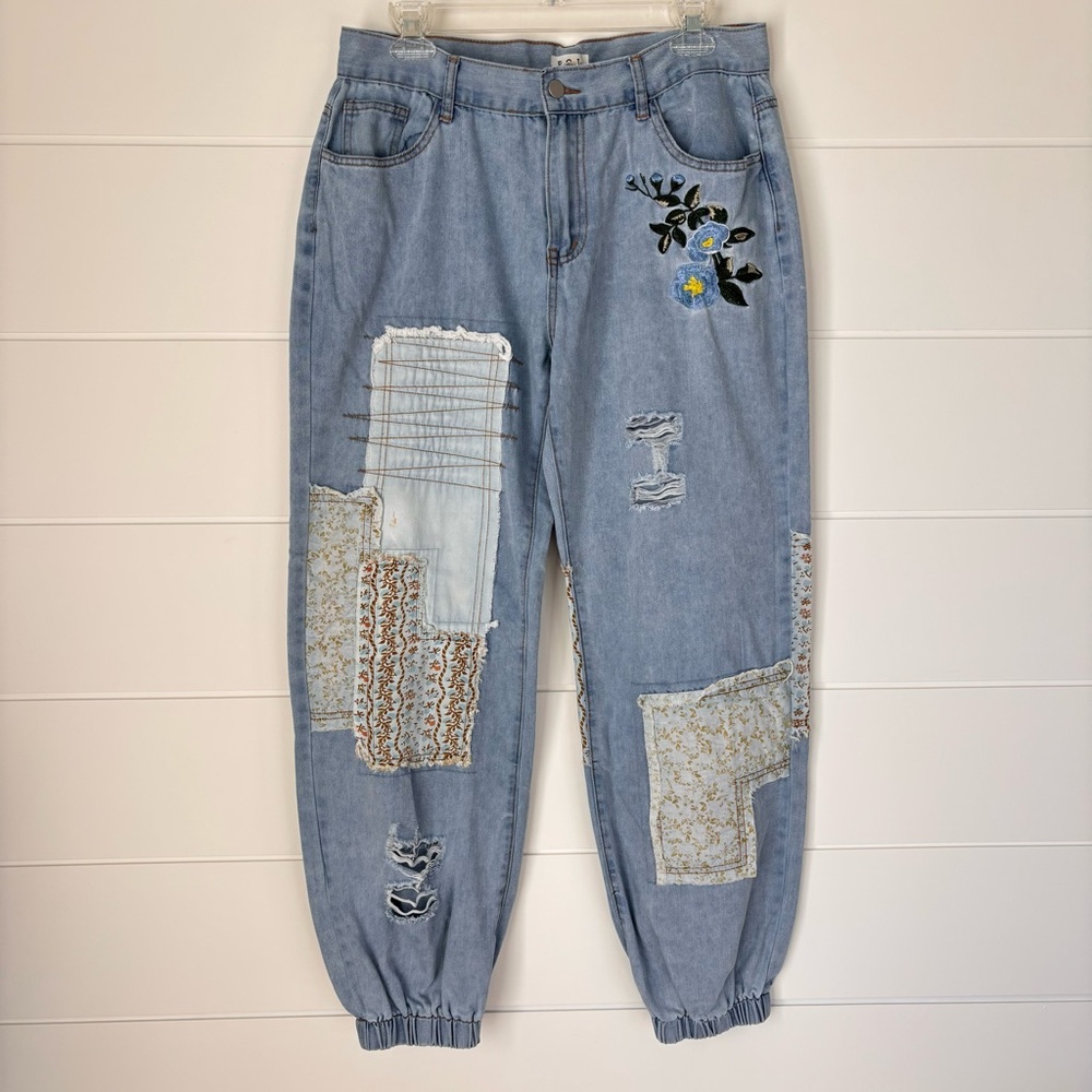 POL Embroidered Patchwork Denim Blue Jeans Boho Joggers Women's Medium